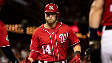 WASHINGTON, DC - JULY 07: Mark Reynolds #14 of the Washington Nationals hits a three run home run against the Miami Marlins during the sixth inning at Nationals Park on July 07, 2018 in Washington, DC. (Photo by Scott Taetsch/Getty Images)