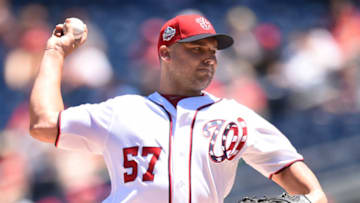 WASHINGTON, DC - JULY 08: Tanner Roark #57 of the Washington Nationals pitches in the first inning during a baseball game against the Miami Marlins at Nationals Park on July 8, 2018 in Washington, DC. (Photo by Mitchell Layton/Getty Images)