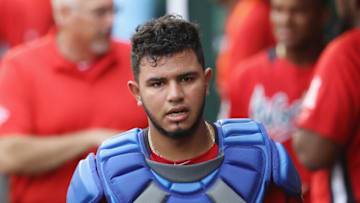 Keibert Ruiz #7 of the Los Angeles Dodgers and the World Team walks through the dugout as he leaves the game injured in the seventh inning against the U.S. Team during the SiriusXM All-Star Futures Game at Nationals Park on July 15, 2018 in Washington, DC. (Photo by Rob Carr/Getty Images)