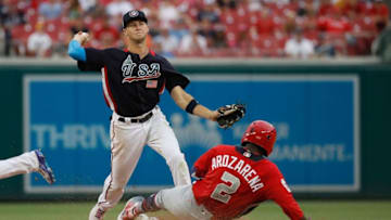WASHINGTON, DC - JULY 15: Carter Kieboom #5 of the Washington Nationals and the U.S. Team turns the double play in the eighth inning against the World Team during the SiriusXM All-Star Futures Game at Nationals Park on July 15, 2018 in Washington, DC. (Photo by Patrick McDermott/Getty Images)