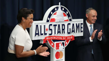 WASHINGTON, DC - JULY 26: Mayor Muriel Bowser and MLB Major League Baseball Commissioner Rob Manfred unveil the logo for the 2018 All Star Game that will be held at Nationals Park next year before the start of the Washington Nationals and Milwaukee Brewers game on July 26, 2017 in Washington, DC. (Photo by Rob Carr/Getty Images)
