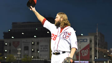 WASHINGTON, DC - OCTOBER 01: Jayson Werth #28 of the Washington Nationals thanks the fans for the applause after coming out in the ninth inning during a baseball game against the Pittsburgh Pirates at Nationals Park on October 1, 2017 in Washington, DC. (Photo by Mitchell Layton/Getty Images)