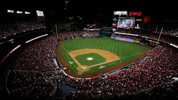 WASHINGTON, DC - OCTOBER 12: The Chicago Cubs bat against the Washington Nationals in the first inning of game five of the National League Division Series at Nationals Park at Nationals Park on October 12, 2017 in Washington, DC. (Photo by Rob Carr/Getty Images)
