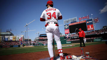WASHINGTON, DC - APRIL 05: Bryce Harper #34 of the Washington Nationals warms up in the on deck circle during the home opener for the Nationals against the New York Mets April 05, 2018, at Nationals Park in Washington, DC. The Mets won the game 8-2. (Photo by Win McNamee/Getty Images)