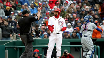 WASHINGTON, DC - APRIL 7: Home plate umpire Marty Foster ejects Anthony Rendon
