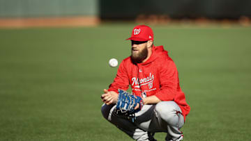 SAN FRANCISCO, CA - APRIL 23: Bryce Harper #34 of the Washington Nationals plays the field during batting practice before their game against the San Francisco Giants at AT&T Park on April 23, 2018 in San Francisco, California. (Photo by Ezra Shaw/Getty Images)