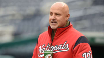 WASHINGTON, DC - APRIL 09: General manager Mike Rizzo looks on during batting practice before a baseball game against the Atlanta Braves at Nationals Park on April 9, 2018 in Washington, DC. (Photo by Mitchell Layton/Getty Images)