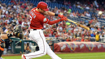 WASHINGTON, DC - AUGUST 18: Trea Turner #7 of the Washington Nationals hits a three run home run in the third inning during a baseball game against the Miami Marlins at Nationals Park on August 18, 2018 in Washington, DC. (Photo by Mitchell Layton/Getty Images)