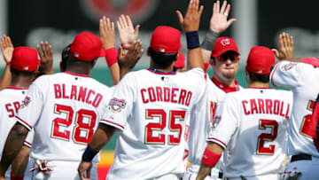 WASHINGTON - JUNE 12: The Washington Nationals congratulate each other after defeating the Seattle Mariners 3-2 on June 12, 2005 at RFK Stadium in Washington, DC. (Photo By Jamie Squire/Getty Images)