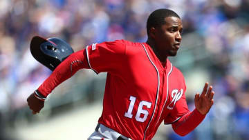 NEW YORK, NEW YORK - APRIL 07: Victor Robles #16 of the Washington Nationals advances to third base on a ground rule two-run double by Adam Eaton #2 in the second inning against the New York Mets at Citi Field on April 07, 2019 in New York City. (Photo by Mike Stobe/Getty Images)