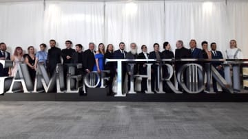 BELFAST, NORTHERN IRELAND - APRIL 12: Actors Richard Dormer, Maisie Williams, Kerry Ingram, Gemma Whelan, Pilou Asbæk, Isaac Hempstead Wright, Joe Dempsie, Conleth Hill, Hannah Murray, Ben Crompton, John Bradley, producer Chris Newman, executive producer Bernadette Caulfield, actors Kit Harington, Carice van Houten, Liam Cunningham, Jerome Flynn, Nathalie Emmanuel, Jacob Anderson and Sophie Turner attend the "Game of Thrones" Season 8 screening at the Waterfront Hall on April 12, 2019 in Belfast, Northern Ireland. (Photo by Charles McQuillan/Getty Images)