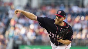 WASHINGTON, DC - JUNE 21: Stephen Strasburg #37 of the Washington Nationals pitches against the Atlanta Braves during the second inning at Nationals Park on June 21, 2019 in Washington, DC. (Photo by Scott Taetsch/Getty Images)