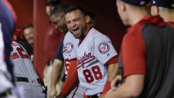 PHOENIX, ARIZONA - AUGUST 02: Gerardo Parra #88 of the Washington Nationals celebrates in the dugout after Juan Soto (not pictured) hits a solo home run in the eighth inning of the MLB game against the Arizona Diamondbacks at Chase Field on August 02, 2019 in Phoenix, Arizona. (Photo by Jennifer Stewart/Getty Images)