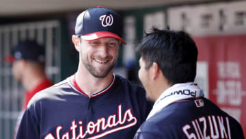 CINCINNATI, OH - JUNE 02: Max Scherzer #31 of the Washington Nationals talks to Kurt Suzuki #28 in the dugout following the eighth inning against the Cincinnati Reds at Great American Ball Park on June 2, 2019 in Cincinnati, Ohio. The Nationals won 4-1. (Photo by Joe Robbins/Getty Images)