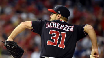 WASHINGTON, DC - OCTOBER 07: Max Scherzer #31 of the Washington Nationals delivers in the first inning of game four of the National League Division Series against the Los Angeles Dodgers at Nationals Park on October 07, 2019 in Washington, DC. (Photo by Will Newton/Getty Images)