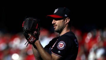 ST LOUIS, MISSOURI - OCTOBER 12: Max Scherzer #31 of the Washington Nationals prepares to deliver a pitch during the third inning of game two of the National League Championship Series against the St. Louis Cardinals at Busch Stadium on October 12, 2019 in St Louis, Missouri. (Photo by Jamie Squire/Getty Images)
