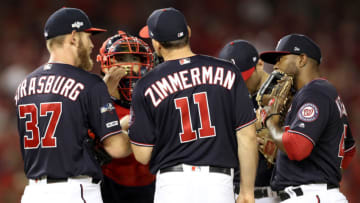 WASHINGTON, DC - OCTOBER 14: Stephen Strasburg #37, Kurt Suzuki #28, Ryan Zimmerman #11, Anthony Rendon #6 and Howie Kendrick #47 of the Washington Nationals meet on the mound during the seventh inning of game three of the National League Championship Series at Nationals Park on October 14, 2019 in Washington, DC. (Photo by Rob Carr/Getty Images)