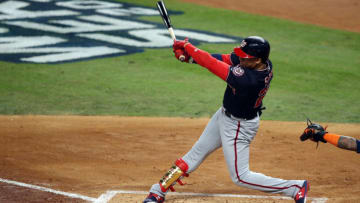 HOUSTON, TEXAS - OCTOBER 22: Juan Soto #22 of the Washington Nationals strikes out against the Houston Astros during the first inning in Game One of the 2019 World Series at Minute Maid Park on October 22, 2019 in Houston, Texas. (Photo by Bob Levey/Getty Images)