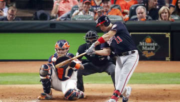 HOUSTON, TEXAS - OCTOBER 22: Ryan Zimmerman #11 of the Washington Nationals hits a solo home run against the Houston Astros during the second inning in Game One of the 2019 World Series at Minute Maid Park on October 22, 2019 in Houston, Texas. (Photo by Tim Warner/Getty Images)