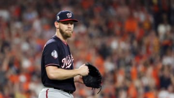 HOUSTON, TEXAS - OCTOBER 23: Stephen Strasburg #37 of the Washington Nationals reacts against the Houston Astros during the third inning in Game Two of the 2019 World Series at Minute Maid Park on October 23, 2019 in Houston, Texas. (Photo by Elsa/Getty Images)