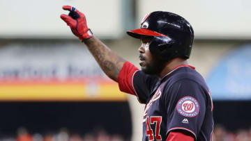 HOUSTON, TEXAS - OCTOBER 23: Howie Kendrick #47 of the Washington Nationals celebrates his RBI single against the Houston Astros during the seventh inning in Game Two of the 2019 World Series at Minute Maid Park on October 23, 2019 in Houston, Texas. (Photo by Elsa/Getty Images)