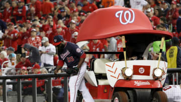WASHINGTON, DC - OCTOBER 25: Fernando Rodney #56 of the Washington Nationals comes out of the bullpen against the Houston Astros during the sixth inning in Game Three of the 2019 World Series at Nationals Park on October 25, 2019 in Washington, DC. (Photo by Patrick Smith/Getty Images)