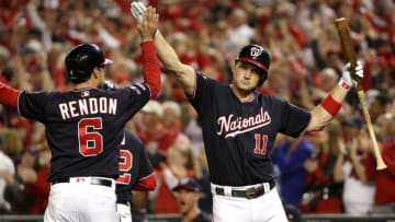 Ryan Zimmerman of the Washington Nationals celebrates with Anthony Rendon (Photo by Patrick Smith/Getty Images)