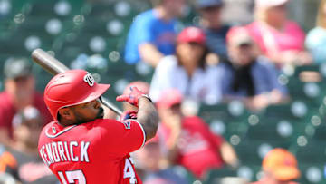 JUPITER, FL - MARCH 10: Howie Kendrick #47 of the Washington Nationals in action against the Miami Marlins during a spring training baseball game at Roger Dean Stadium on March 10, 2020 in Jupiter, Florida. The Marlins defeated the Nationals 3-2. (Photo by Rich Schultz/Getty Images)
