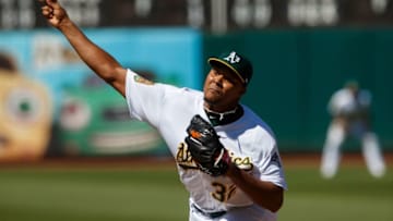 OAKLAND, CA - JULY 22: Jeurys Familia #32 of the Oakland Athletics pitches against the San Francisco Giants during the ninth inning at the Oakland Coliseum on July 22, 2018 in Oakland, California. The Oakland Athletics defeated the San Francisco Giants 6-5 in 10 innings. (Photo by Jason O. Watson/Getty Images)
