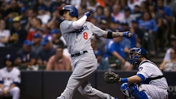 MILWAUKEE, WI - JULY 20: Manny Machado #8 of the Los Angeles Dodgers hits a single in the seventh inning against the Milwaukee Brewers at Miller Park on July 20, 2018 in Milwaukee, Wisconsin. (Photo by Dylan Buell/Getty Images)