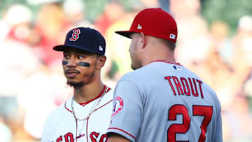 Mookie Betts and Mike Trout standing together (Photo by Adam Glanzman/Getty Images)