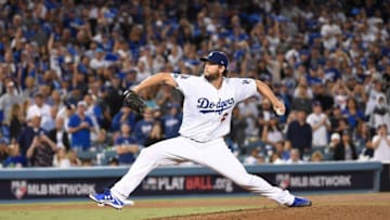 LOS ANGELES, CA - OCTOBER 05: Clayton Kershaw #22 of the Los Angeles Dodgers delivers the pitch during the eighth inning against the Atlanta Braves during Game Two of the National League Division Series at Dodger Stadium on October 5, 2018 in Los Angeles, California. (Photo by Kevork Djansezian/Getty Images)