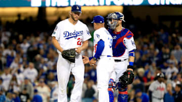 LOS ANGELES, CA - OCTOBER 05: Clayton Kershaw #22 is taken out of the game by Dave Roberts #30 of the Los Angeles Dodgers during the ninth inning against the Atlanta Braves during Game Two of the National League Division Series at Dodger Stadium on October 5, 2018 in Los Angeles, California. (Photo by Sean M. Haffey/Getty Images)