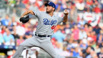 ATLANTA, GA - OCTOBER 08: Rich Hill #44 of the Los Angeles Dodgers pitches in the first inning of Game Four of the National League Division Series against the Atlanta Braves at Turner Field on October 8, 2018 in Atlanta, Georgia. (Photo by Scott Cunningham/Getty Images)