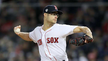 BOSTON, MA - OCTOBER 24: Joe Kelly #56 of the Boston Red Sox delivers the pitch during the seventh inning against the Los Angeles Dodgers in Game Two of the 2018 World Series at Fenway Park on October 24, 2018 in Boston, Massachusetts. (Photo by Elsa/Getty Images)