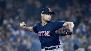 LOS ANGELES, CA - OCTOBER 27: Pitcher Joe Kelly #56 of the Boston Red Sox pitches in relief in the seventh inning of Game Four of the 2018 World Series against the Los Angeles Dodgers at Dodger Stadium on October 27, 2018 in Los Angeles, California. (Photo by Harry How/Getty Images)