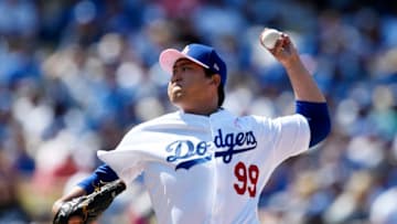 LOS ANGELES, CA - MAY 12: Pitcher Hyun-Jin Ryu #99 of the Los Angeles Dodgers throws a pitch against the Washington Nationals during the seventh inning at Dodger Stadium on May 12, 2019 in Los Angeles, California. (Photo by Kevork Djansezian/Getty Images)