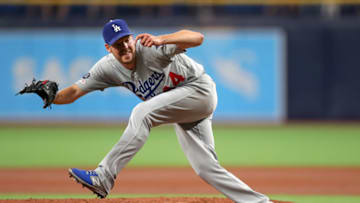 ST. PETERSBURG, FL - MAY 22: Rich Hill #44 of the Los Angeles Dodgers follows through on a pitch in the third inning against the Tampa Bay Rays at Tropicana Field on May 22, 2019 in St. Petersburg, Florida. (Photo by Mike Carlson/Getty Images)