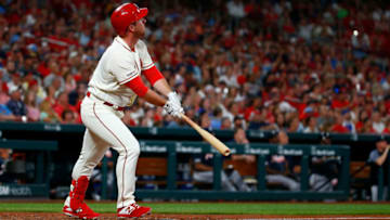 ST LOUIS, MO - MAY 25: Jedd Gyorko #3 of the St. Louis Cardinals hits a game-winning three-run home run against the Atlanta Braves in the eighth inning at Busch Stadium on May 25, 2019 in St Louis, Missouri. (Photo by Dilip Vishwanat/Getty Images)