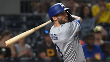 PITTSBURGH, PA - MAY 25: Chris Taylor #3 of the Los Angeles Dodgers doubles to right field in the sixth inning during the game against the Pittsburgh Pirates at PNC Park on May 25, 2019 in Pittsburgh, Pennsylvania. (Photo by Justin Berl/Getty Images)
