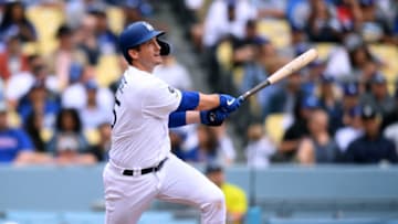 LOS ANGELES, CALIFORNIA - JUNE 02: David Freese #25 of the Los Angeles Dodgers reacts to his solo homerun to take a 1-0 lead over the Philadelphia Phillies during the seventh inning at Dodger Stadium on June 02, 2019 in Los Angeles, California. (Photo by Harry How/Getty Images)