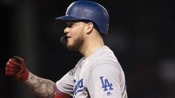 BOSTON, MA - JULY 14: Alex Verdugo #27 of the Los Angeles Dodgers reacts after hitting an RBI single during the twelfth inning of game against the Boston Red Sox on July 14, 2019 at Fenway Park in Boston, Massachusetts. (Photo by Billie Weiss/Boston Red Sox/Getty Images)