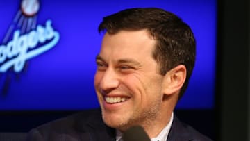 LOS ANGELES, CA - JANUARY 07: Dodgers president of baseball operations Andrew Friedman introduces Pitcher Kenta Maeda to the Los Angeles Dodgers at Dodger Stadium on January 7, 2016 in Los Angeles, California. (Photo by Joe Scarnici/Getty Images)