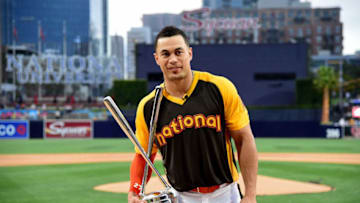 SAN DIEGO, CA - JULY 11: Giancarlo Stanton of the Miami Marlins celebrates after winning the T-Mobile Home Run Derby at PETCO Park on July 11, 2016 in San Diego, California. (Photo by Harry How/Getty Images)