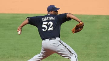 ATLANTA - AUGUST 2: C. C. Sabathia #52 of the Milwaukee Brewers pitches against the Atlanta Braves at Turner Field on August 2, 2008 in Atlanta, Georgia. (Photo by Scott Cunningham/Getty Images)