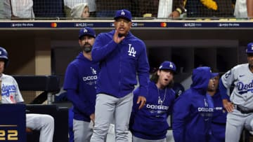 SAN DIEGO, CALIFORNIA - OCTOBER 15: Los Angeles Dodgers manager Dave Roberts reacts during the seventh inning against the San Diego Padres in game four of the National League Division Series at PETCO Park on October 15, 2022 in San Diego, California. (Photo by Harry How/Getty Images)