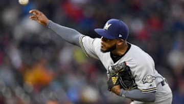 MINNEAPOLIS, MN - MAY 27: Jeremy Jeffress #32 of the Milwaukee Brewers delivers a pitch against the Minnesota Twins during the fifth inning of the interleague game on May 27, 2019 at Target Field in Minneapolis, Minnesota. Jeffress was asked to change his sleeves after facing a batter by the umpires. The Brewers defeated the Twins 5-4. (Photo by Hannah Foslien/Getty Images)