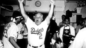 LOS ANGELES, CA - 1988 : Manager Tommy Lasorda #2 of the Los Angeles Dodgers celebrates after winning the 1988 NLDS at Dodger Stadium, Los Angeles, California. (Photo by Jayne Kamin-Oncea/Getty Images)