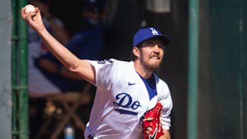 GLENDALE, AZ - MARCH 01: Trevor Bauer #27 of the Los Angeles Dodgers warms-up in the bullpen prior to a Spring Training game against the Colorado Rockies at Camelback Ranch on March 1, 2021 in Glendale, Arizona. (Photo by Rob Tringali/Getty Images)