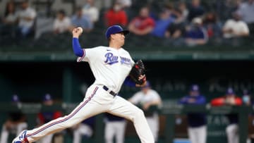 ARLINGTON, TEXAS - APRIL 29: Kyle Gibson #44 of the Texas Rangers throws against the Boston Red Sox in the first inning at Globe Life Field on April 29, 2021 in Arlington, Texas. (Photo by Ronald Martinez/Getty Images)